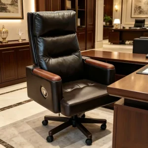 Premium High Back Genuine Leather Executive Office Chair Solid Wood Arm Swivel Reclining Boss Chair