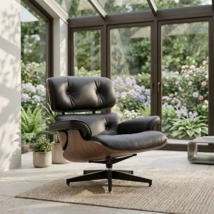 Premium Mid Century Modern Leather Executive Office Chair Black Fixed Headrest & Footrest Comfortable for Living Room Hotel Use