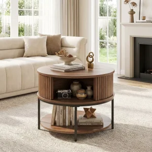 Premium Modern Double Tier Wooden Coffee Table with Steel Frame and Storage Adjustable Feet for Living Room