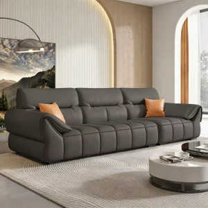 Premium Modern Luxury 3 Seater Dark Gray Faux Leather Upholstered Sectional Sofa Set Sponge Segmented Cushions Orange Throw