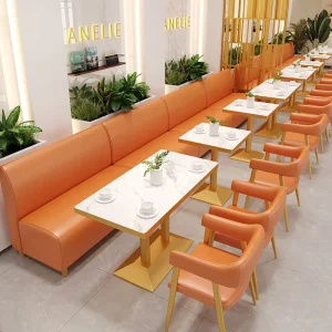 Premium Orange Restaurants Furniture Collection PU Restaurants Booth Sofas Table Chair Sets Modern Long Bench Seating