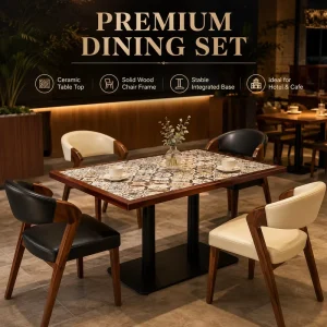 Premium Rectangular Ceramic Tile Top Dining Table Set Solid Wood Chairs Metal Base Hotel Cafe Restaurant Furniture