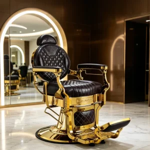Premium Retro Diamond Stitch Barbershop Chair Golden Metal Hydraulic Reclining Men Salon Shave Barber