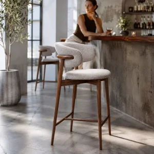 Premium Walnut Wood Base Padded Seat with Curved Support for Modern Home Bar and Lounge Furniture Bar Stool
