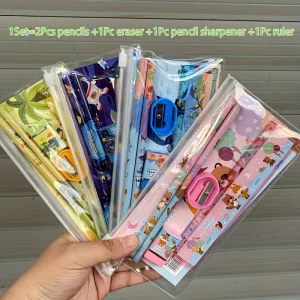 Price Student Stationery Gift Set with Eraser and Pencil Sharpener Cartoon School Gift Set Pvc Zipper Bag Cute Pencil Set