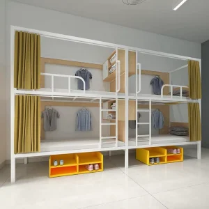 Privacy Pod Bunk Bed System Hostels Curtain Enclosed 4 Bed Dormitory Bunk White Metal Frame with Built in Storage Wardrobe Rail
