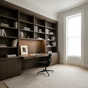 Professional Custom Home Office Furniture Wall to Wall Bookshelves Integrated Floating Desk Study Set