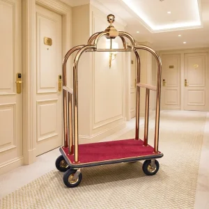 Professional Gold Hotel Bellman Trolley with Red Carpet Top Hanging Bar 8” Pneumatic Wheels Bumper Protection 200kg