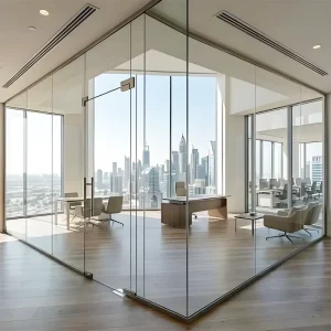 Professional Grade Minimalist Frameless Panoramic Glass Cubicle Walls Office Space Planning Impact Resistant Toughened Panels