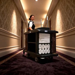 Professional Hotel Housekeeping Cart with Multi Compartment Storage for Efficient Cleaning Service Trolley