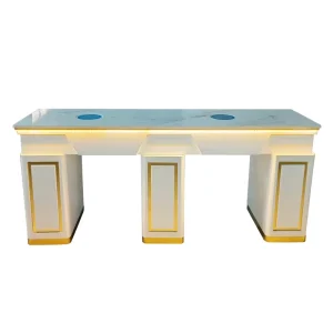 Professional Luxury Double Manicure Nail Table with Wood Frame and Marble Top