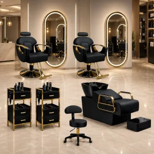 Professional Men’s All Black Barber Chair Frame Beauty Salon Equipment Set Furniture Salon Hairdressing Chair