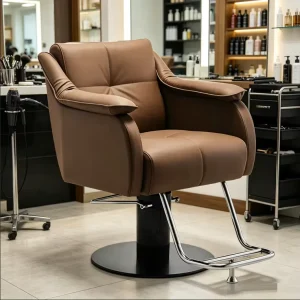 Professional Minimalist Brown Barber Chair with Comfortable Armrests and Elevating Function for Barbershop