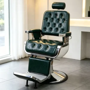 Professional Modern Foldable Barber Chair Heavy Duty Hydraulic Reclining Salon Chair 360 Degree Rotation Dark Green Tufted Hotel