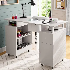 Professional Nail Desk Scratch resistant Tabletop Rolling Manicure Table with Dust Collector Wrist Cushion Storage Cabinet