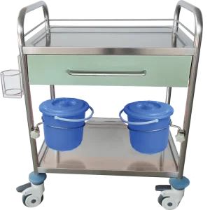 Professional Stainless Steel Medical Treatment Trolley with Drawer and Double Waste Bins for Hospital Nursing Cart