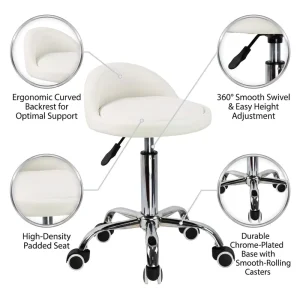 Professional White Leather Rolling Bar Chair Metal Base Ergonomic Curved Backrest Swivel Mobile Stool for Salon Clinic Lab