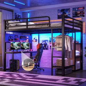 Queen Metal Dormitory Loft Bed Frame with Storage Shelves & Desk USB Ports Lights Hanging Rod Modern Cave Board Design ODM OEM