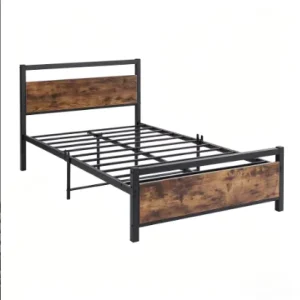 Queen Size Metal Bed Frame with Rustic Wood Headboard Industrial Black Steel Platform Bed No Box Spring Needed Bedroom Furniture