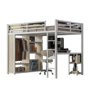 Queen Size Modern Metal Dormitory Loft Bed Frame with Built-in Wardrobe Desk Storage Shelves White for School Bedroom
