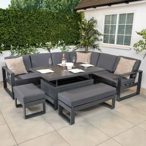 Quick Assembly Patio Furniture Outdoor L shape Sofa Set Balcony Lounge Sofa with Ottoman Garden Corner Sofa with Fire Pit Table