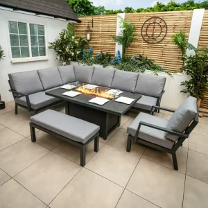 Quick Assembly Patio Furniture Outdoor L shape Sofa Set Balcony Lounge Sofa with Ottoman Garden Corner Sofa with Fire Pit Table