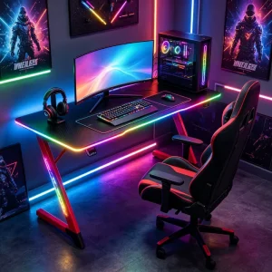 RGB LED Gaming Desk Z Shape Computer Table 18mm Carbon Fiber Steel Gaming Desk with Accessories for Home Office