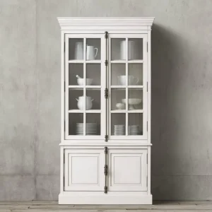 RH French Style Rural Solid Wood White Oak Display Cabinet with Glass Doors White Bookcase High Quality Library Bookcase