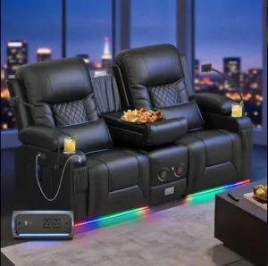 RV Sofa Power Loveseat Recliner Sofa Electric Reclining 2 Seater Couch with Console Home Theater Seating with Speaker LED Light