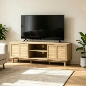 Rattan Modern Farmhouse TV Stand Living Room 26″ Tall Console Cabinet Storage Adjustable Shelves 59″ Media for 50 55 65″ TVs