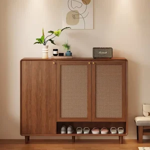 Rattan Shoe Cabinet Large Capacity Multi functional Solid Wood Shoe Rack Storage Cabinet With Drawer