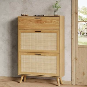 Rattan Shoe Storage Cabinet Freestanding Shoe Rack Cabinet with 2 Flip Drawers Wood Legs Slim Shoe Organizer Cabinet