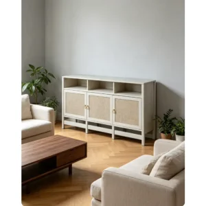 Rattan Sideboard with Wood Grain Surface and Rattan Decoration Buffet Cabinet Table Side
