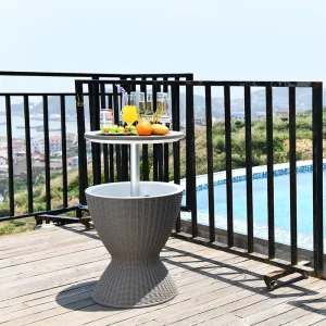 Rattan Style Outdoor Poolside Cooler Table Ice Buckets Plastic Cocktail Bar Table with Cooler