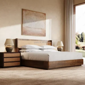 Rattan Woven Platform Bed with Matching 3 Drawer Rattan Nightstand Wabi Sabi Low Profile Bedroom Furniture Set