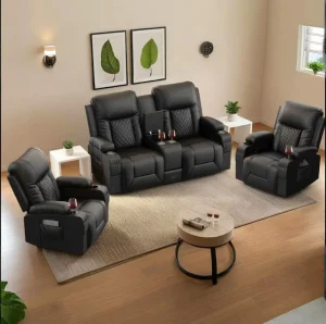 Recliner Couch Sofa Chair Set with Heat Massage Home Theater Seating with Console Drawer USB Reclining Loveseat for Theater