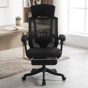 Reclining Ergonomic Office Chair Fixed Headrest Nylon Frame Fabric Leg Rest Gliding Seat Modern Design for Commercial Use