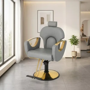 Reclining Grey Leather Barber Chair with Hydraulic Pump and Adjustable Height Gold Frame Salon Furniture for Beauty Salons