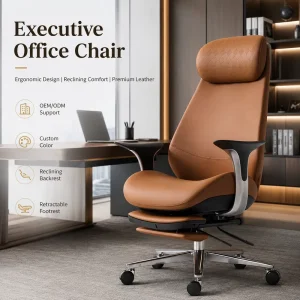 Reclining High Back Leather Office Chair With Retractable Footrest Ergonomic Lumbar Swivel Boss Chair for Manager Home Office