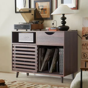 Record Player Stand Vinyl Record Cabinet with Power Outlet Holds up to 200 Albums Turntable Stand Table Fluted Sliding Door