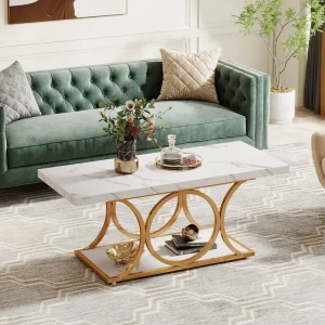 Rectangle Coffee Table 47.24 Inch Modern Coffee Table for Living Room 2 Tier Faux Marble Wood Coffee Table