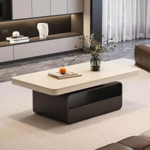 Rectangular Cream Style Stone Coffee Table with Wheels Storage for Small Apartment Living Room