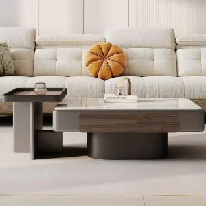 Rectangular Marble Home Living Room High End Coffee Table Set Light Luxury Trendy with Drawers and Side Table