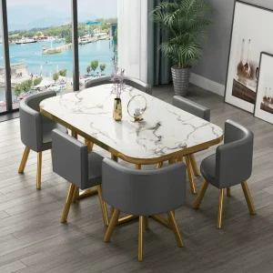 Rectangular Reception Dining Table Set 1Table 6 Chairs Artificial Leather Chairs for Home Restaurant Hotel Lounge