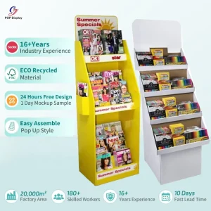 Recyclable Durable Folded Bookshop Store Cardboard Book Stands Paper Shelf Rack Corrugated Floor Display Tower Magazine Notebook