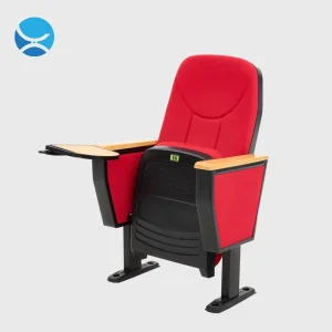 Red Fabric Plastic Auditorium Chairs Hidden Folding Writing Tablet Seat Number Plate Light Wood Armrest Theater Church Seating