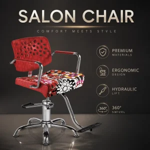 Red Floral Salon Styling Chair Hydraulic Barber Chair with Five Star Base Footrest and Cutout Back Design