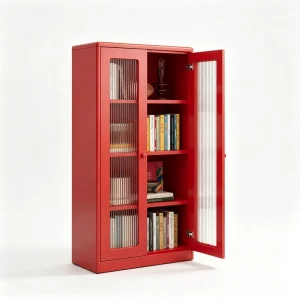 Red Fluted Glass Double Door Bookcase Floor Standing Display Storage Bookshelf Cabinet for Indoor Living Study