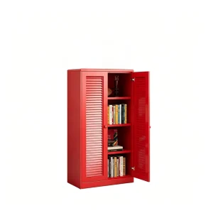 Red Freestanding Louvered Door Bookcase Dustproof Iron Bookshelf Storage Cabinet Living Room Home Office Display Cabinet