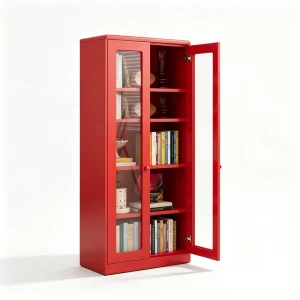 Red Glass Door Bookcase Dustproof Iron Bookshelf Storage Cabinet Living Room Home Display Rack